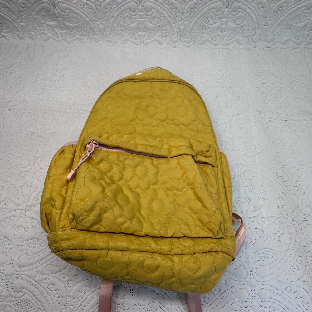 Quilted Floral Backpack Mustard Yellow Pink Straps Flower Pattern Bag
